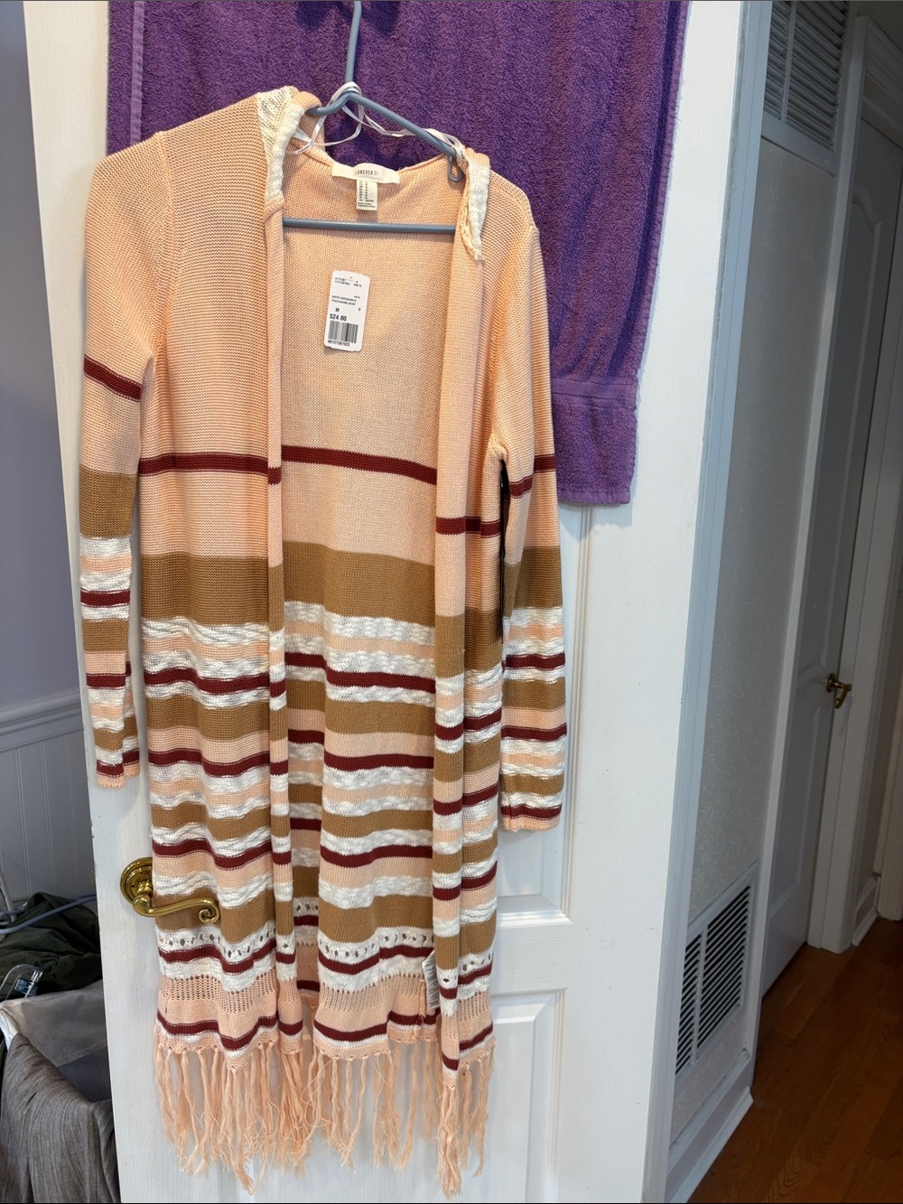 NWT Forever 21 Peach Striped Open-Front Fringe Cardigan